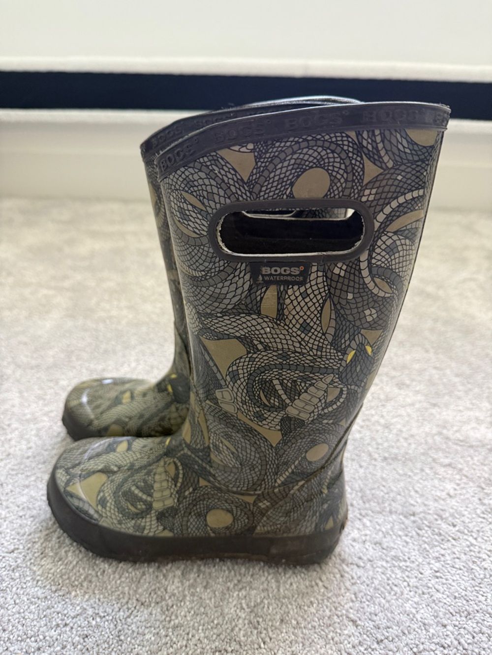 Bogs Kids Snake-Print Rain Boots in Olive and Black